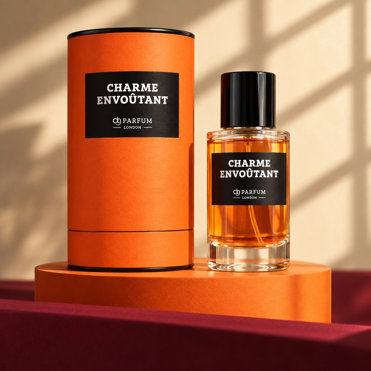 Charme Envoûtant 50 ml fragrance bottle and orange presentation canister on a cream studio background