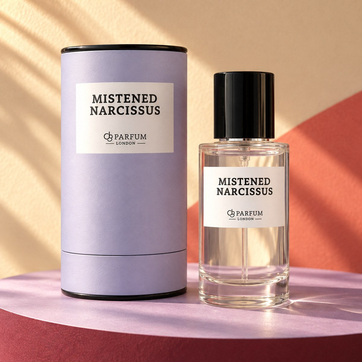 Mistened Narcissus 50 ml fragrance bottle and pale-lavender presentation canister