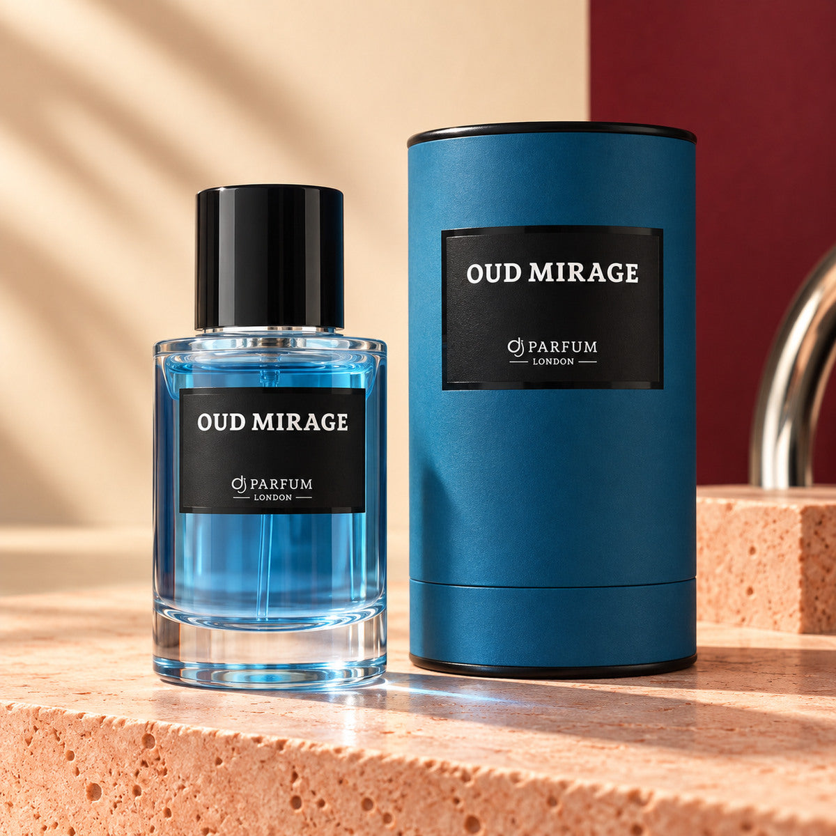 Oud Mirage 50 ml fragrance bottle and blue presentation canister
