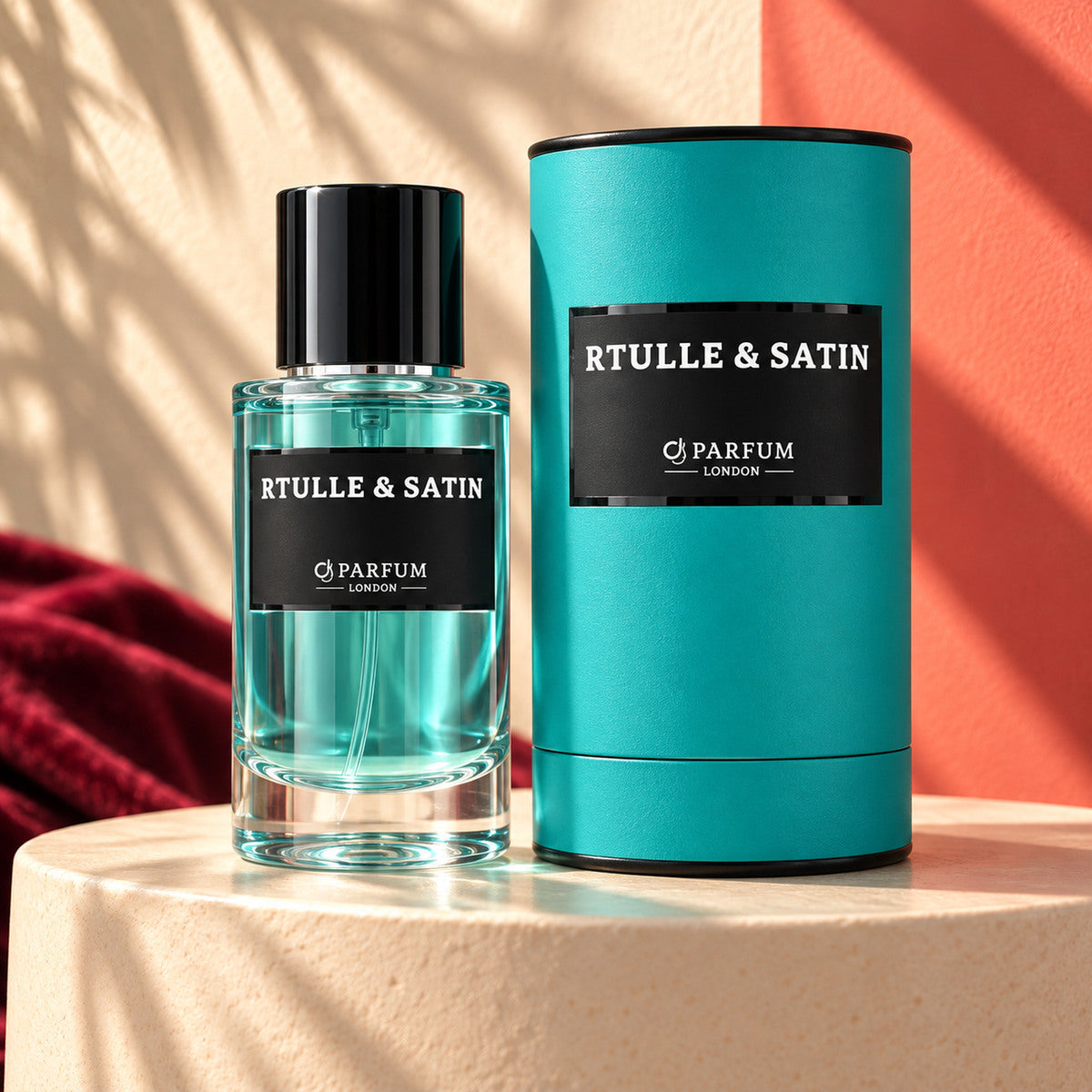 Rtulle & Satin 50 ml fragrance bottle and turquoise presentation canister