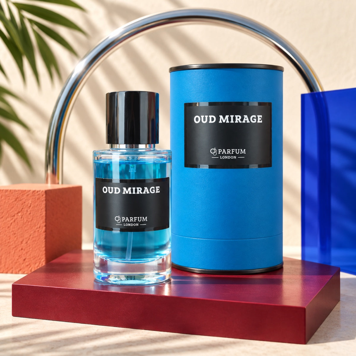 Oud Mirage 50 ml fragrance bottle and blue presentation canister